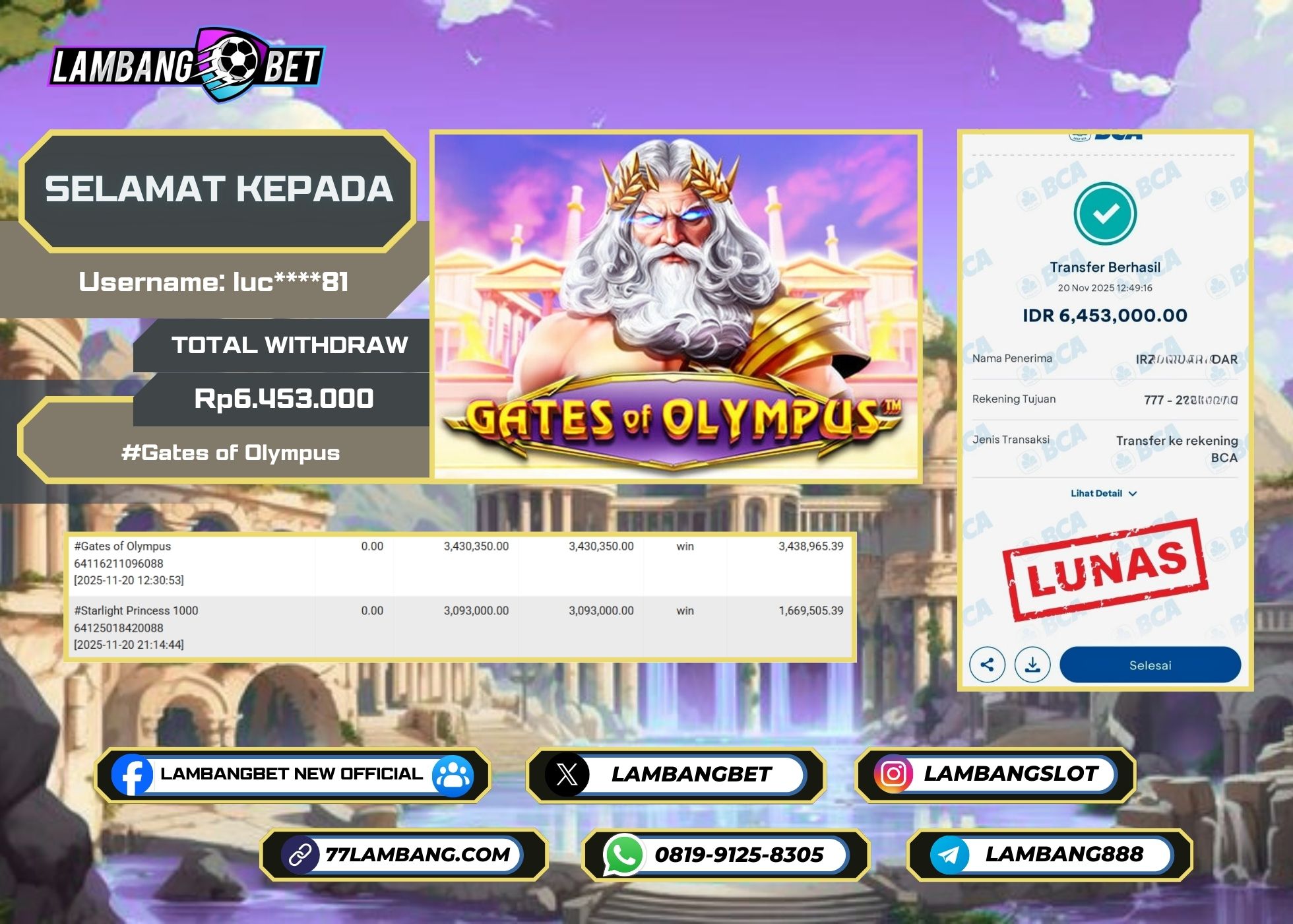 LAMBANGBET [20 NOVEMBER 2025] JACKPOT SLOT Gates of Olympus "Rp6.453.000" LUNAS